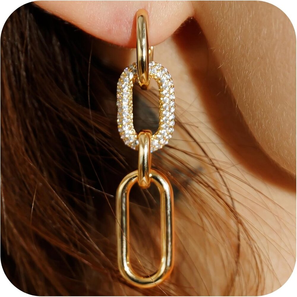 OZEL 14K Gold & Silver Plated Paperclip Chain Earrings with Cubic Zirconia – Dan